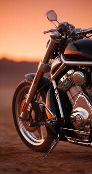 Close-up of a custom motorcycle at sunset photo