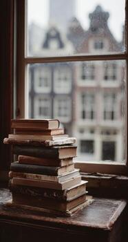 Stack of books by a window, city view photo