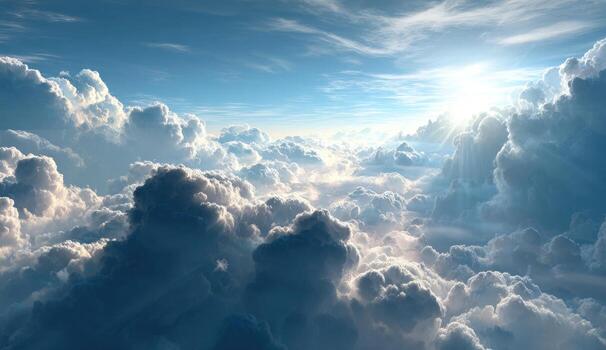 Expansive view of thick, fluffy clouds, sunlight piercing through photo