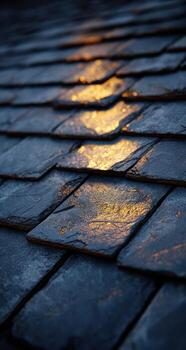 Close-up of dark slate roof tiles, golden light reflecting on wet surfaces photo