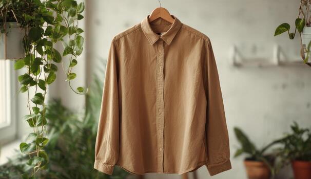 Light brown button-down shirt hangs on wooden hanger, indoor setting with plants photo