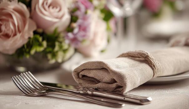 Elegant table setting with pastel flowers and linen napkin photo