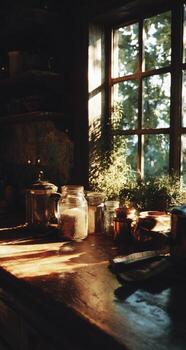 Rustic kitchen, sunlight streams through window photo