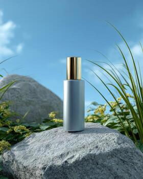 Light gray spray bottle on rocks, natural setting photo