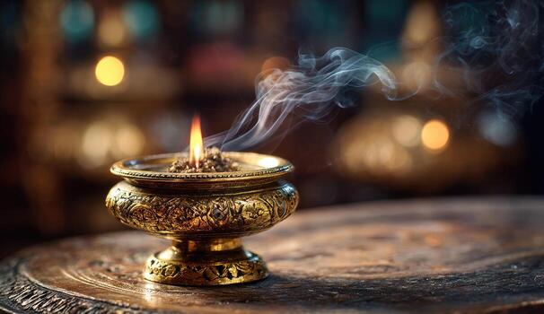 Golden incense burner with smoke rising, on a wooden table in a temple setting photo