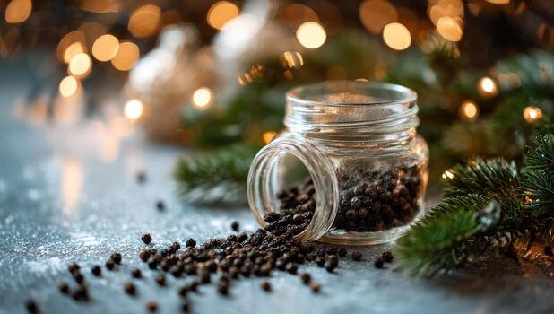 Peppercorns in a glass jar, festive background photo