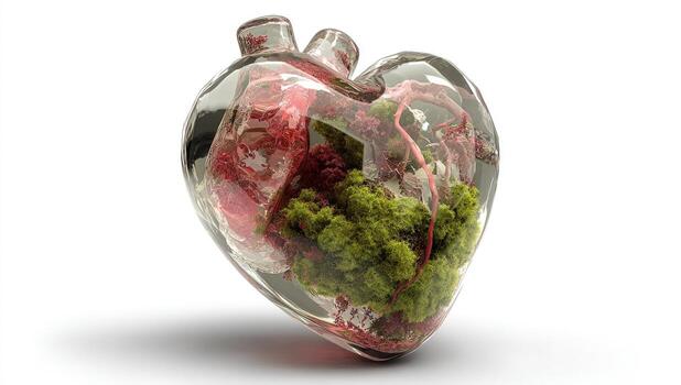 Transparent heart, encased in glass, with internal organs and greenery photo