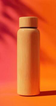 Light beige thermos bottle against a gradient orange and red background with leaf shadows photo