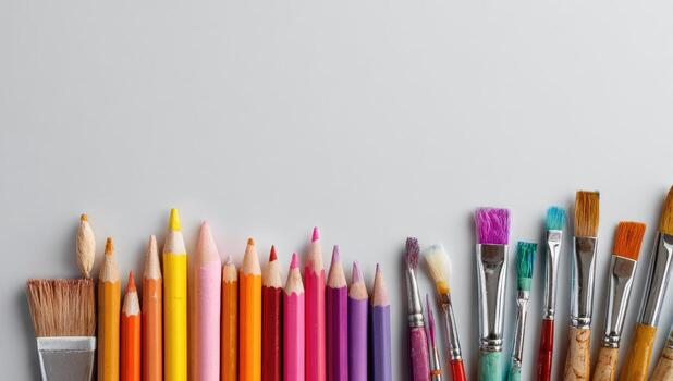 Colorful art supplies arranged in a horizontal row against a plain background photo