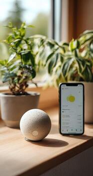 Light gray sphere device beside smartphone on windowsill with plants photo
