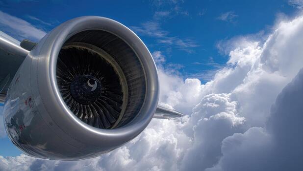Jet engine against a vibrant sky and clouds photo