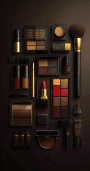 Makeup collection in rich browns, golds, and reds, arranged artfully on a dark background photo