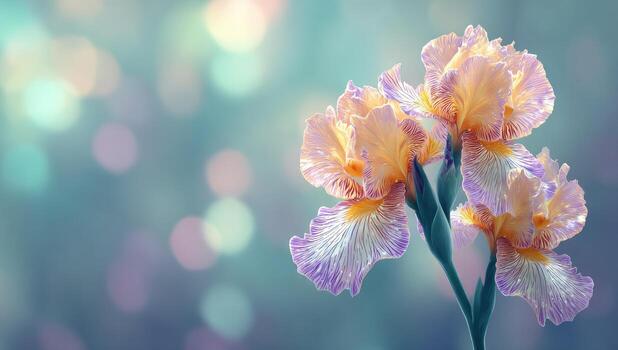 Delicate, pastel irises against a soft bokeh background photo
