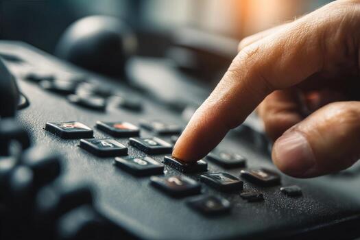 Close-up of a hand pressing a button on a black telephone keypad photo