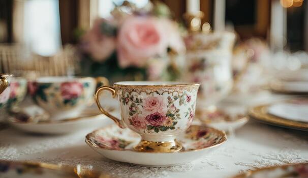 Elegant teacup and saucer, floral design, on a table with a blurred background of roses photo