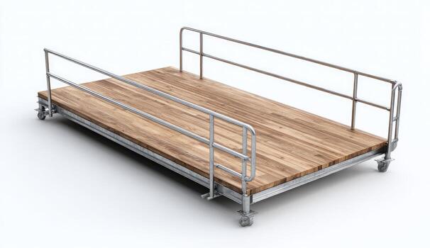 Elevated wooden platform with metal railings and wheels photo