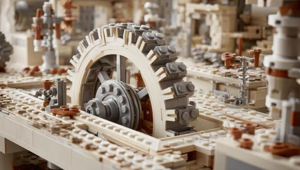 Close-up of intricate Lego model, gears and wheels, beige and brown tones photo