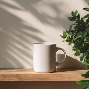 Empty white mug on wooden shelf, sunlit shadows photo