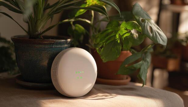 Small, round, white device with green lights sits on a table amongst potted plants photo