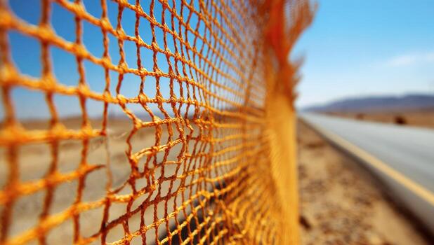 Worn orange safety netting fence, blurred road and desert beyond photo