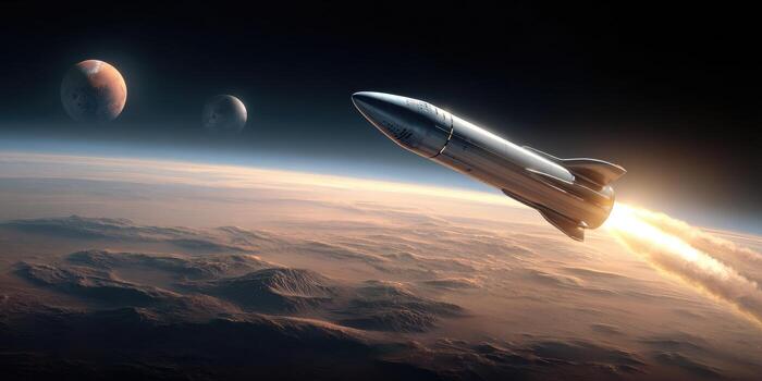 Rocket launch into space, planets visible photo