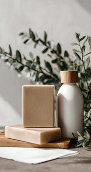 Soap and bottle of soap on wooden table with green leaves photo
