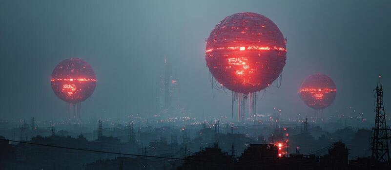 rojo brillante esférico estructuras flotar terminado un brumoso ciudad a noche foto