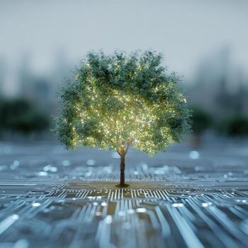 Illuminated tree on circuit board. City background photo