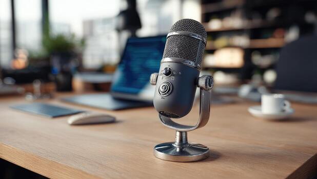Gray microphone on a wooden desk, office setting photo