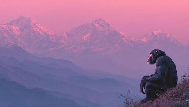 Chimpanzee sits atop a mountain range at sunset photo