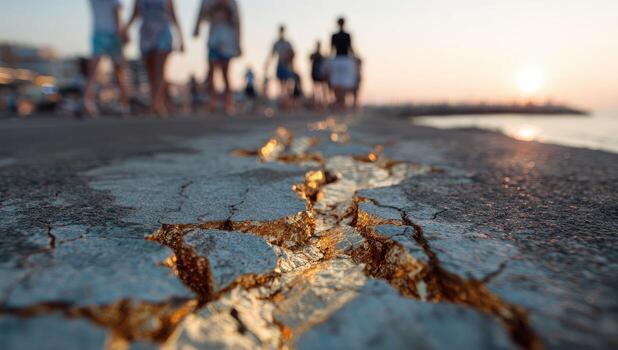 Golden cracks in seaside walkway, people walking in background photo