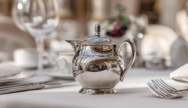Small, polished silver teapot on a table photo