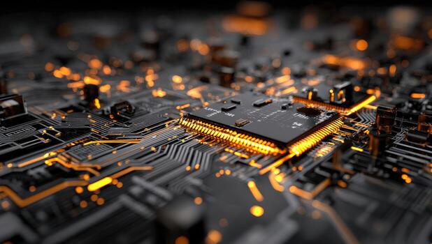 Close-up circuit board with glowing chip photo