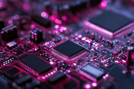 de cerca de iluminado circuito tablero con microchips foto