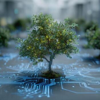 A small tree, glowing softly, rests on a circuit board. Surrounded by other plants photo