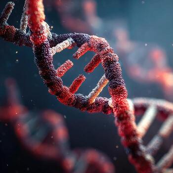 dañado adn hélice, vibrante rojo y oscuro matices, microscópico vista, con ardiente partículas foto