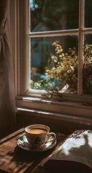Cozy coffee by a window. Sunlight streams in, illuminating a delicate cup of coffee on a table next to an open book photo