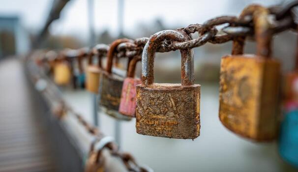 Rusty love locks chain on bridge railing photo