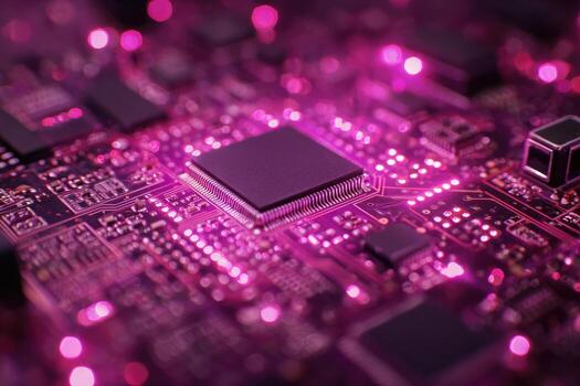 Close-up of a circuit board with a central chip, highlighted by vibrant pink light photo