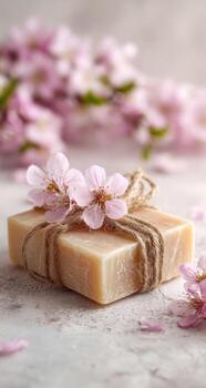 Beige soap tied with twine, adorned with delicate pink blossoms photo