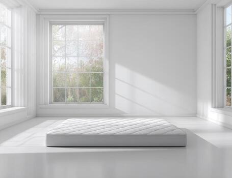 Empty white room with large windows, mattress centered photo