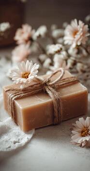 Beige soap bar tied with twine, adorned with flowers photo