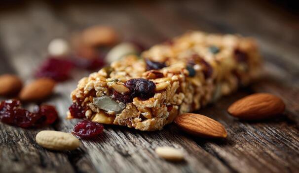 Granola bar with nuts and dried fruits photo