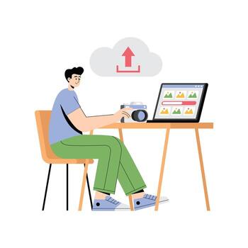 Automatic photo upload from camera to cloud storage Illustration vector