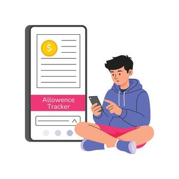 Boy using allowance tracker app on phone vector