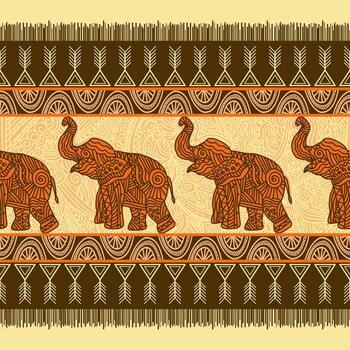 Intricate Tribal Elephant Pattern with Geometric and Ornamental Borders African Style in Earthy Tones textile, prints, phone case, greeting card, background, printed fabrics vector