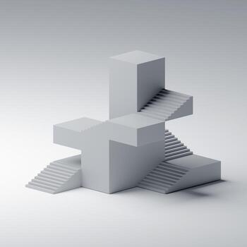 Futuristic Minimal Architecture Building Concept in White 3D Render. Modern Abstract Urban Tower with Geometric Shapes, Ramps, and Stairs for Future City Design Visualization. Minimal structure. photo