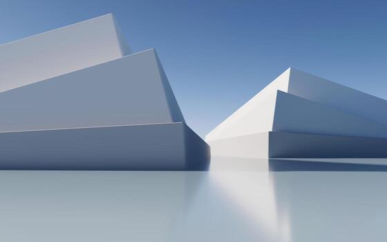 Minimalist empty modern architecture abstract 3D render of futuristic geometric buildings and clean urban structures with blue sky, soft reflections and contemporary background for design. photo