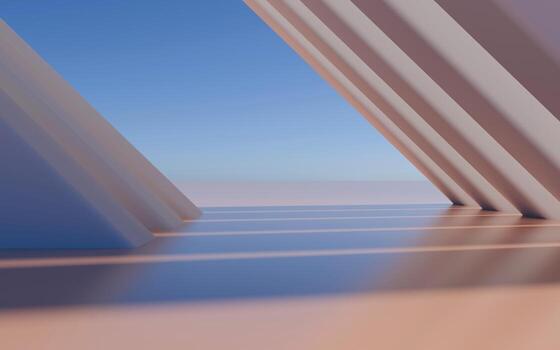 Minimalist empty modern architecture abstract 3D render of futuristic geometric buildings and clean urban structures with blue sky, soft reflections and contemporary background for design projects.3d photo