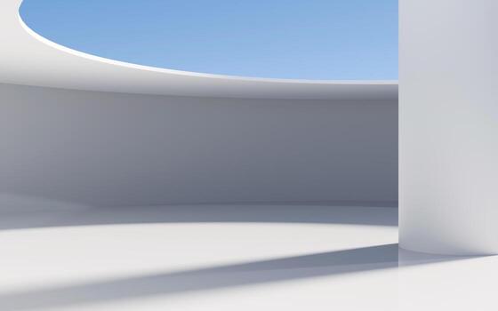 Abstract futuristic architecture, 3d rendering. 3d illustration. Empty building structure with geometric structure. white abstract futuristic architecture on a flat floor, with sky photo